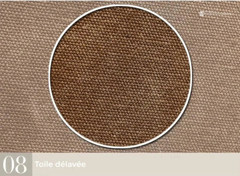 Sac à dos vintage homme avec toile délavée marron, texture zoomée mettant en avant le tissage robuste.