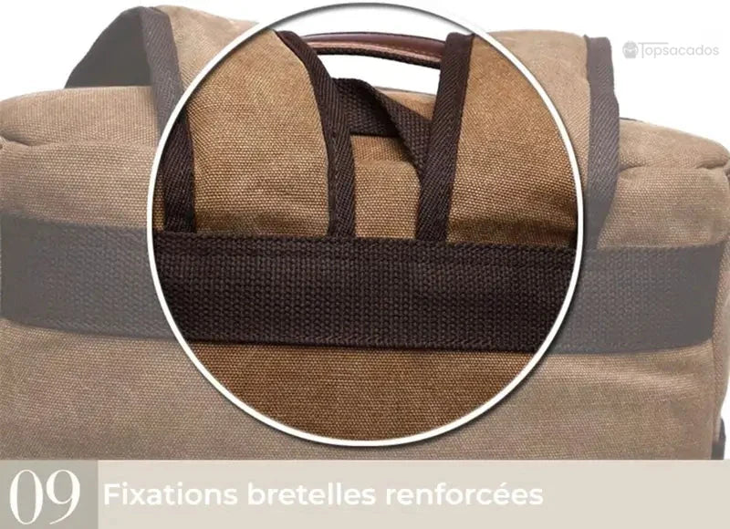 Sac à dos vintage homme avec fixations de bretelles renforcées, cousues sur une large bande en toile épaisse.