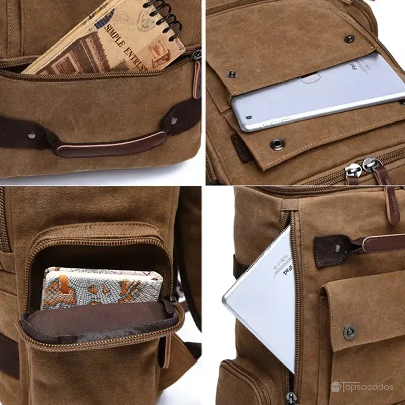 Sac à dos vintage homme avec rangements extérieurs ouverts, contenant carnet, tablette et documents visibles.