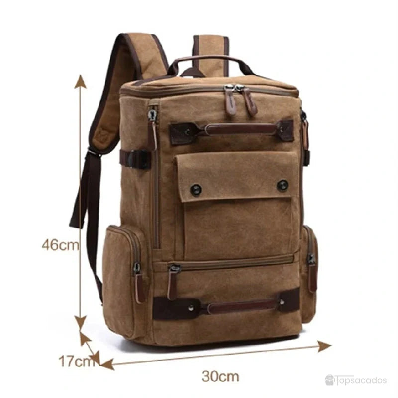 Sac à dos vintage homme vu de face avec dimensions indiquées : hauteur 46cm, largeur 30cm, profondeur 17cm.