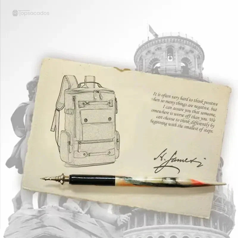 Sac à dos vintage homme dessiné sur une carte postale, avec une plume calligraphique et fond d'inspiration italienne.