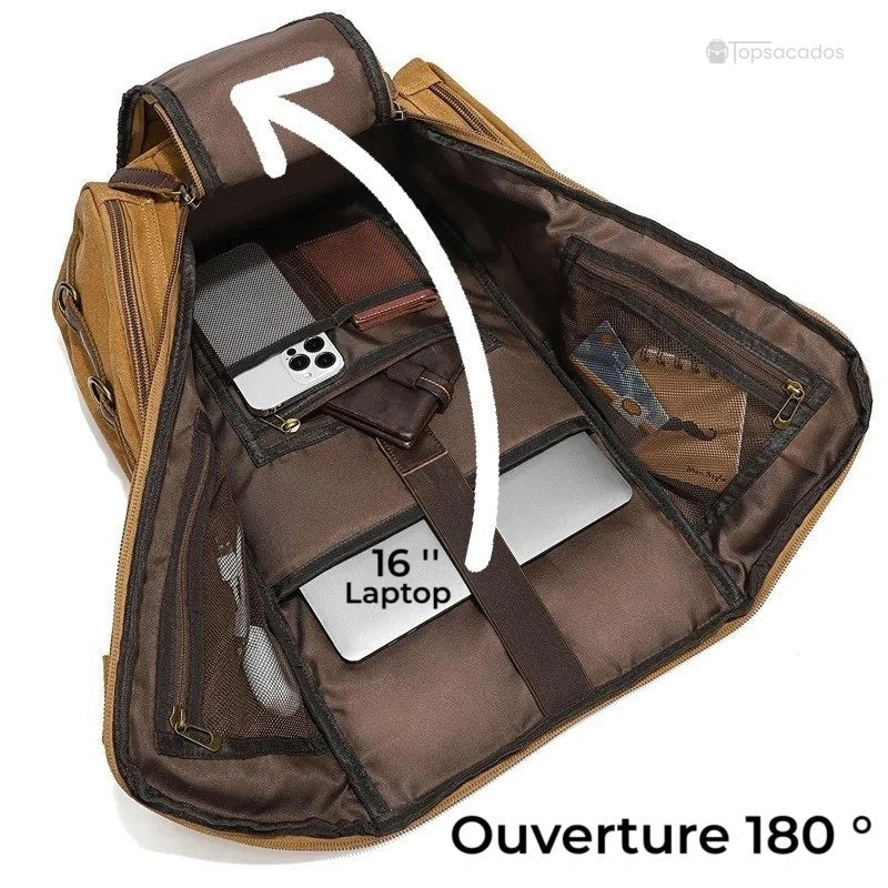 Sac à dos vintage marron ouvert à 180 degrés, compartiments organisés pour ordinateur 16 pouces et accessoires