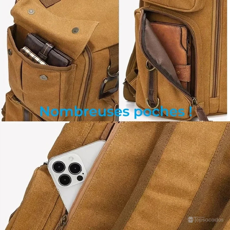 Sac à dos vintage marron en toile avec nombreuses poches pour téléphone, portefeuille et accessoires