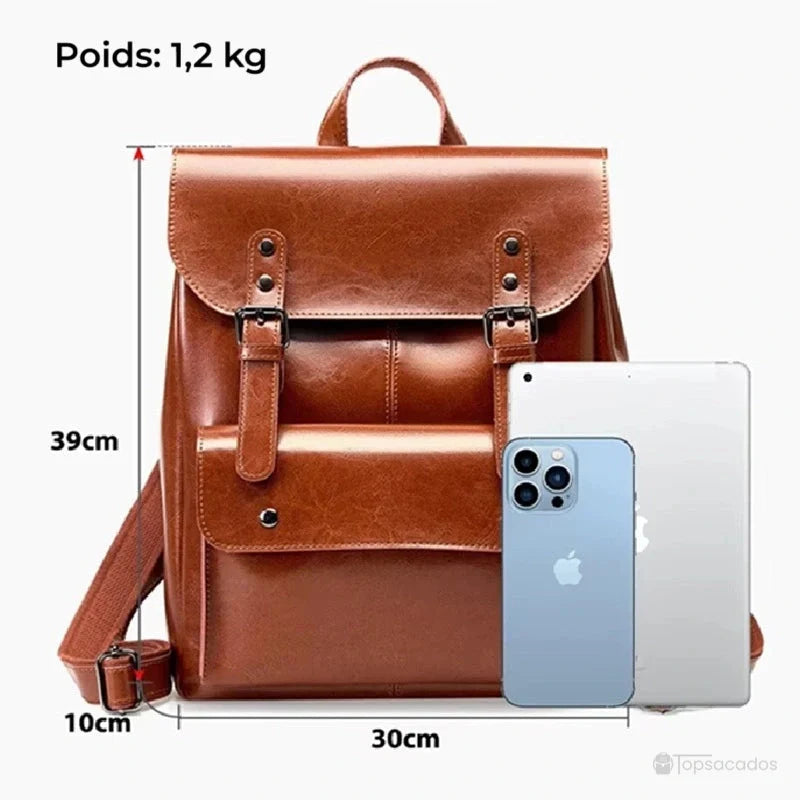 Sac à dos vintage pour femme présenté avec ses dimensions 39 cm x 30 cm x 10 cm, accompagné d’un iPhone et d’un iPad pour donner un aperçu de la capacité.