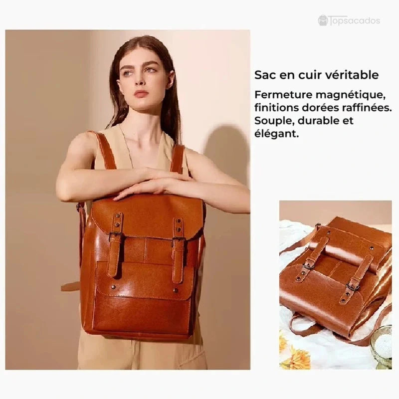 Sac à dos vintage pour femme porté par une jeune femme en intérieur, avec gros plan sur le sac en cuir marron et ambiance élégante et épurée.