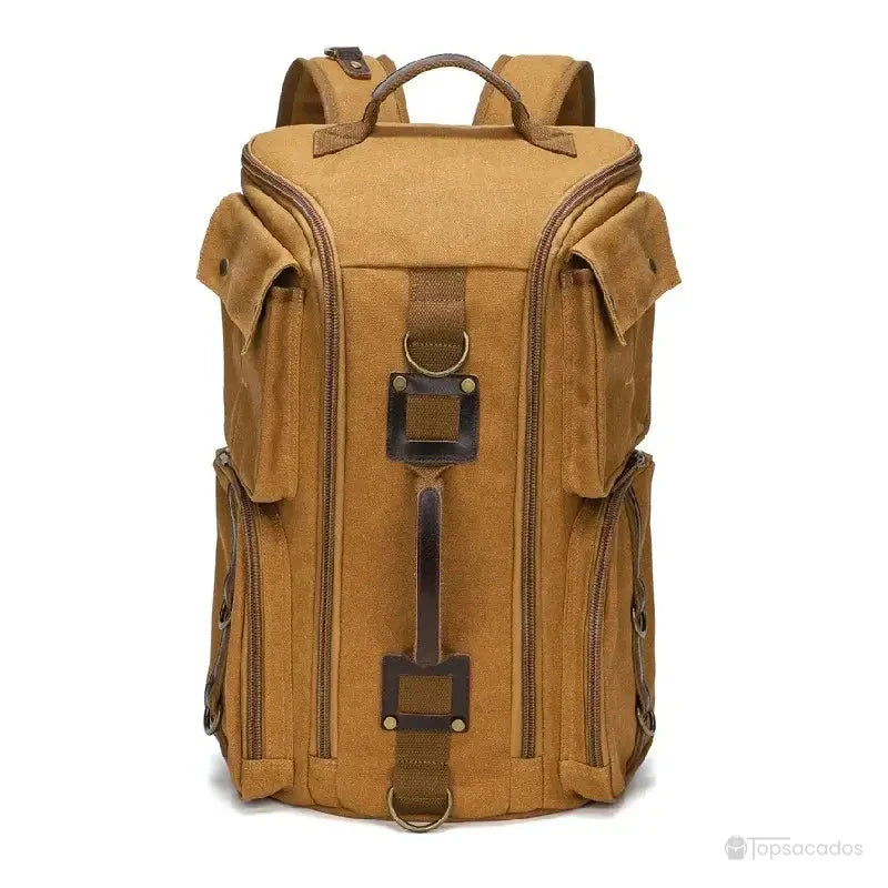 Sac à dos vintage jaune foncé en toile robuste avec poches latérales et laniÚres décoratives en cuir