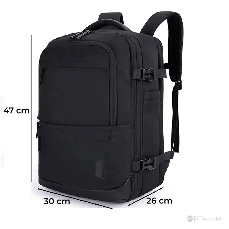 Sac à dos voyage extensible noir avec dimensions 47 x 30 x 26 cm indiquées, parfait pour les déplacements courts et les cabines d’avion.