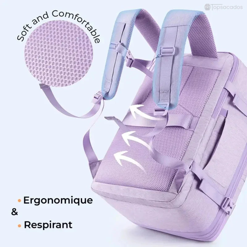 Sac à dos voyage extensible violet vu de dos, mettant en avant ses bretelles épaisses, respirantes et ajustables pour un confort ergonomique.