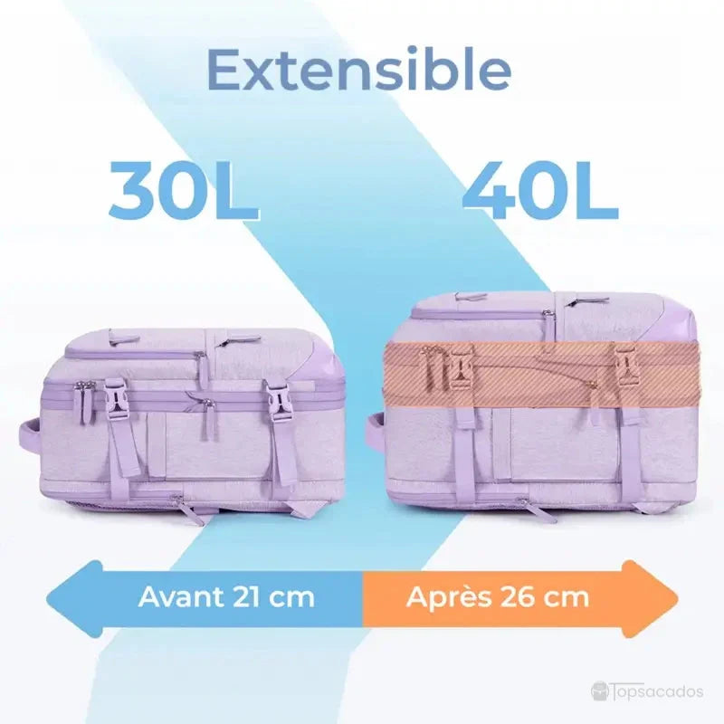 Sac à dos voyage extensible de 30L à 40L en coloris lavande, comparatif avant-après avec épaisseur de 21 cm passant à 26 cm, visuel explicatif avec flèches et texte illustratif