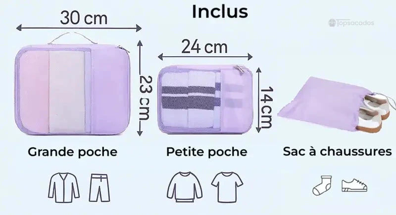 Sac à dos voyage extensible avec trois pochettes incluses : grande, petite et sac à chaussures, dimensions affichées sur fond clair.