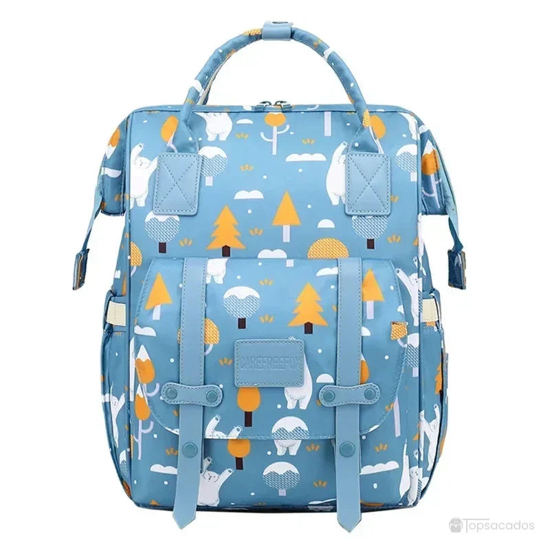 Sac à langer à dos bleu motif ours et forêt, parfait pour les sorties avec bébé.