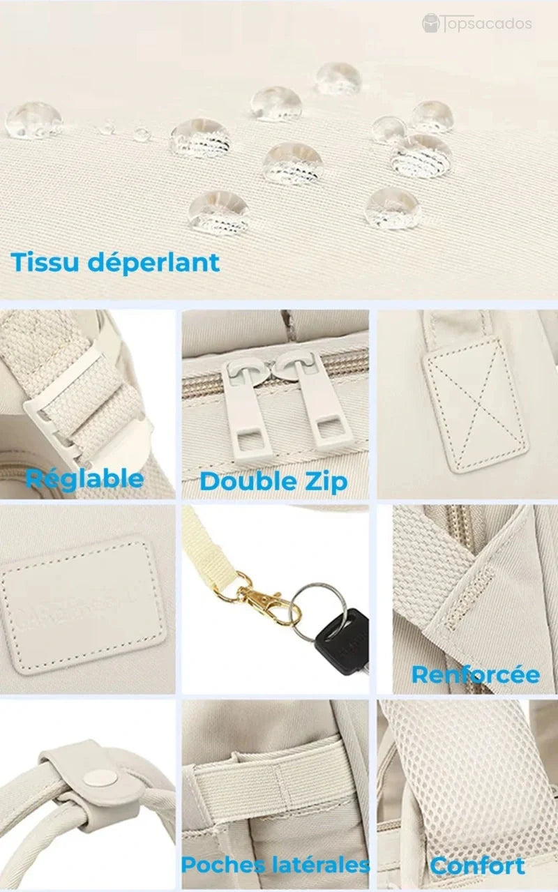 Sac à langer à dos avec tissu déperlant et détails fonctionnels comme les poches latérales et attaches renforcées.