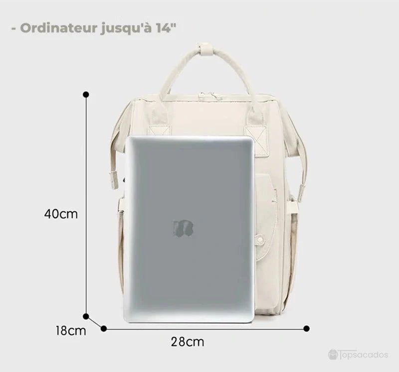 Sac à langer à dos beige présenté avec ordinateur 14 pouces, dimensions illustrées en centimètres.