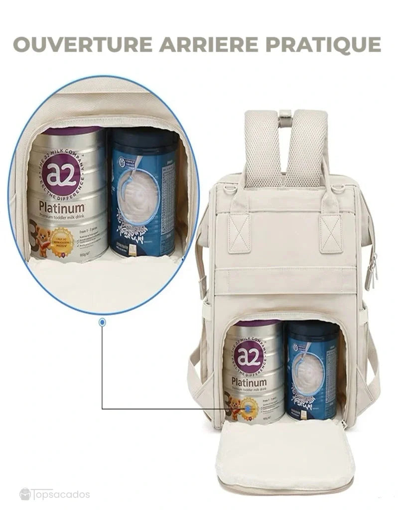 Sac à langer à dos avec ouverture arrière pratique pour accéder aux boîtes de lait et accessoires.