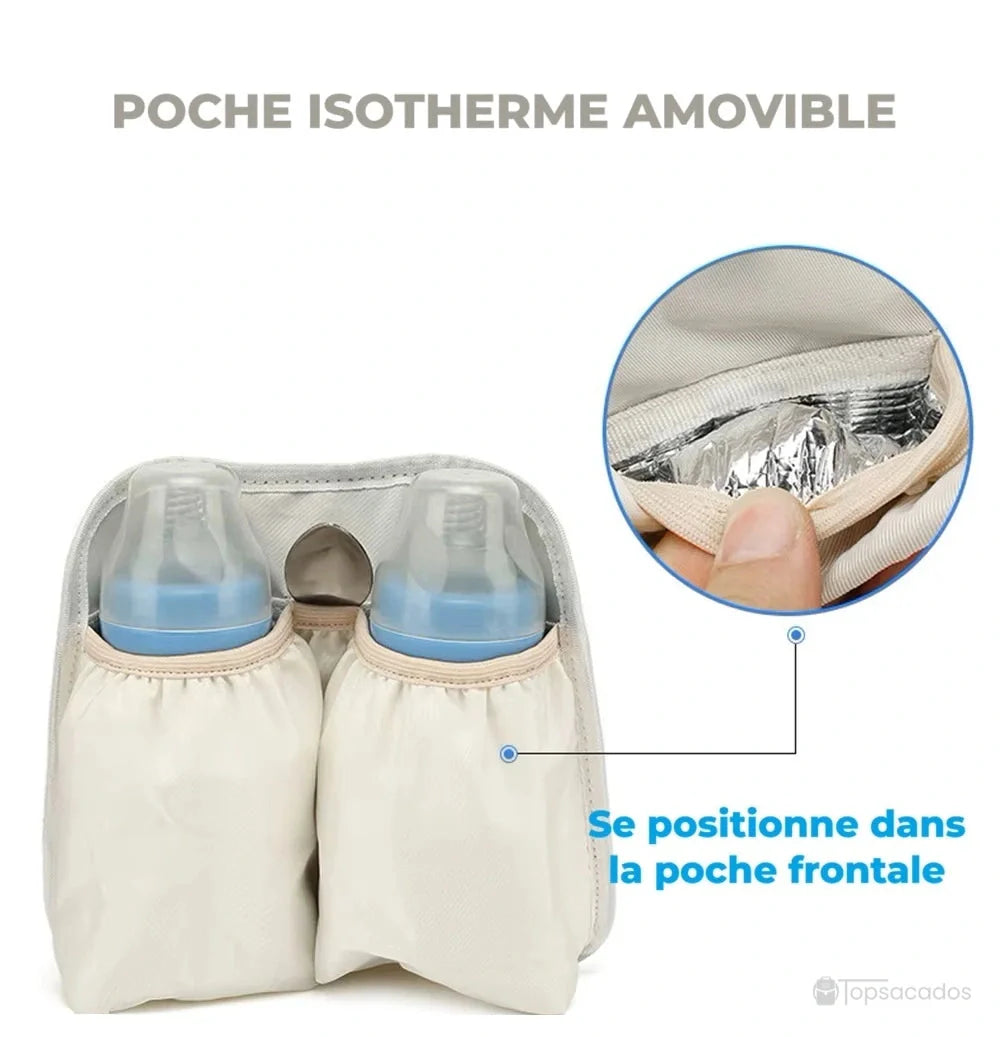 Sac à langer à dos avec poche isotherme amovible pour biberons, illustrée avec doublure aluminium.