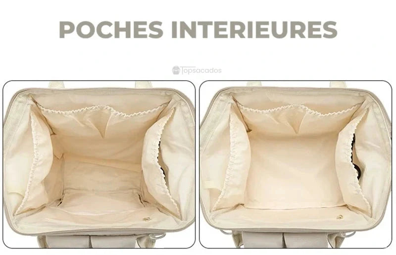 Sac à langer à dos avec double compartiment intérieur élastique, idéal pour organiser les essentiels bébé.