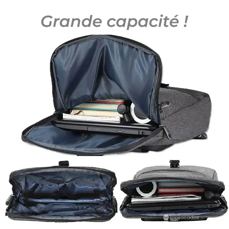 Sacoche vélo Sac à dos ouverte montrant une grande capacité de rangement avec compartiment pour ordinateur portable et fournitures