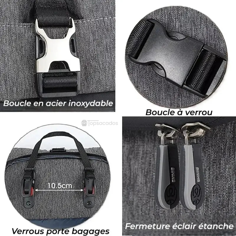 Sacoche vélo Sac à dos zoom sur les détails : boucle en acier, fermeture à clic, verrous de fixation et zip étanche