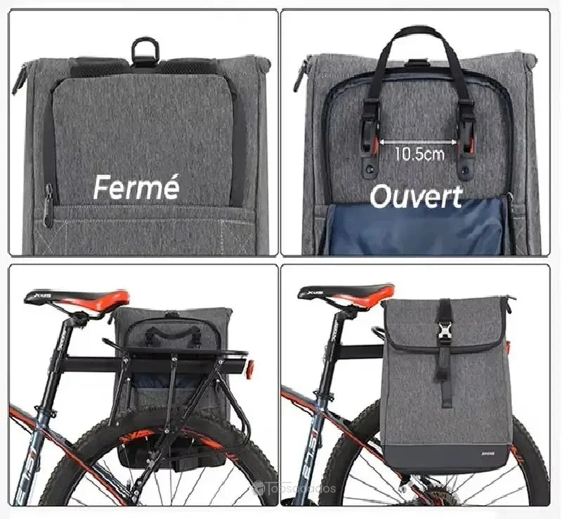Sacoche vélo Sac à dos en position fermée et ouverte avec fixations visibles sur porte-bagages de vélo