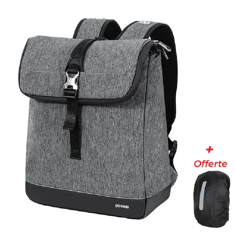 Sacoche vélo Sac à dos grise vue de face, design moderne avec rabat à boucle, fond noir renforcé, et housse imperméable offerte à droite