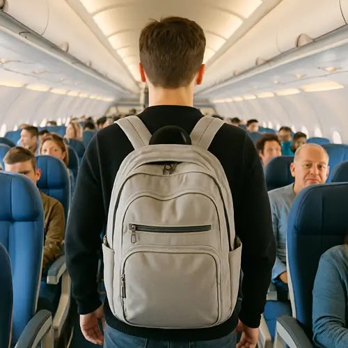 Homme debout dans l’allée d’un avion, portant un sac à dos cabine gris clair, adapté aux dimensions des bagages à main, avec des passagers assis de chaque côté.