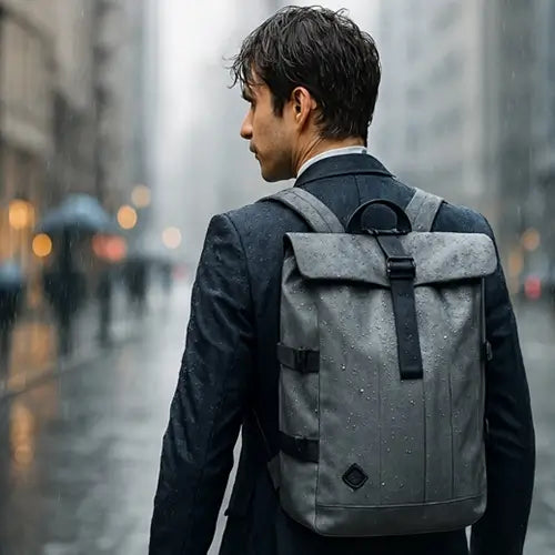 Homme en costume avec un sac à dos étanche gris en ville sous la pluie, idéal pour les trajets urbains professionnels