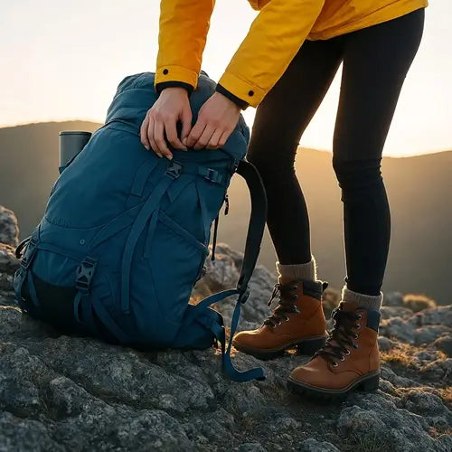 Randonneuse en veste jaune ajustant un sac à dos randonnée bleu sur un sentier rocheux au coucher du soleil