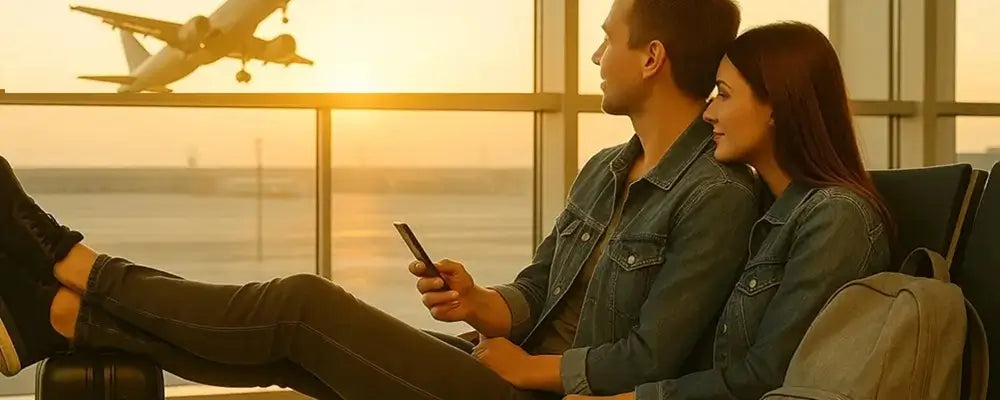 Jeune couple assis dans un aéroport au coucher du soleil, regardant un avion décoller à travers une grande baie vitrée, avec des vestes en jean et un sac à dos gris posé à côté d'eux.