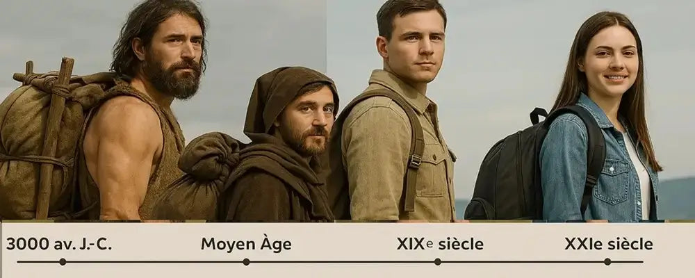 Frise réaliste illustrant l’évolution du sac à dos à travers les époques, avec quatre personnages représentant la Préhistoire, l’armée du XXe siècle, le voyageur moderne et l’utilisateur urbain.