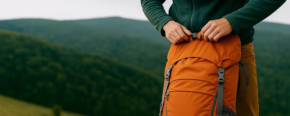 Sac à dos de randonnée en cours de fermeture par son utilisateur, devant un paysage de montagne verdoyante