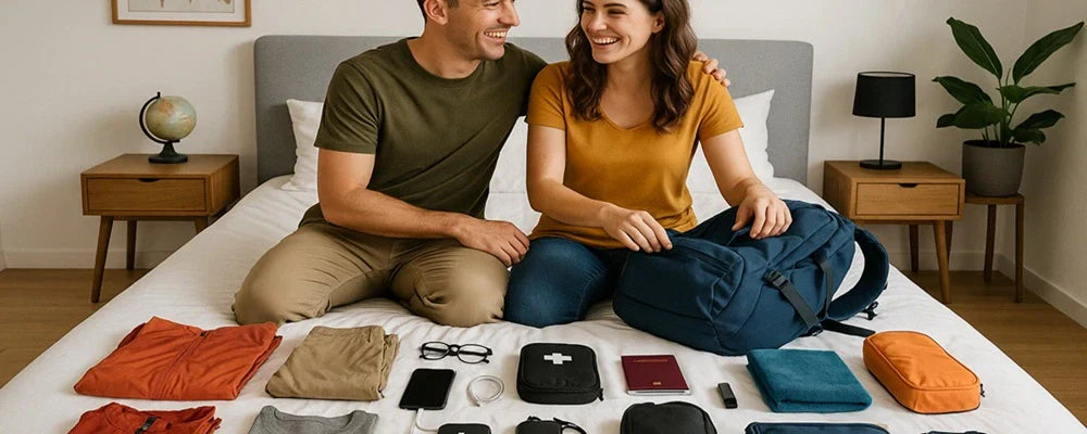 Que mettre dans son sac à dos – Couple préparant un sac de voyage sur un lit avec vêtements, passeport, trousse de secours et accessoires essentiels