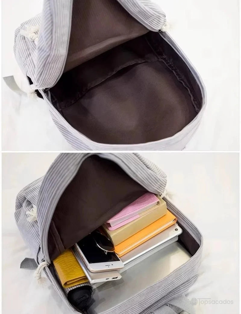 sac à dos college en velours cotelé gris ouvert, compartiment spacieux contenant des carnets, tablette et accessoires