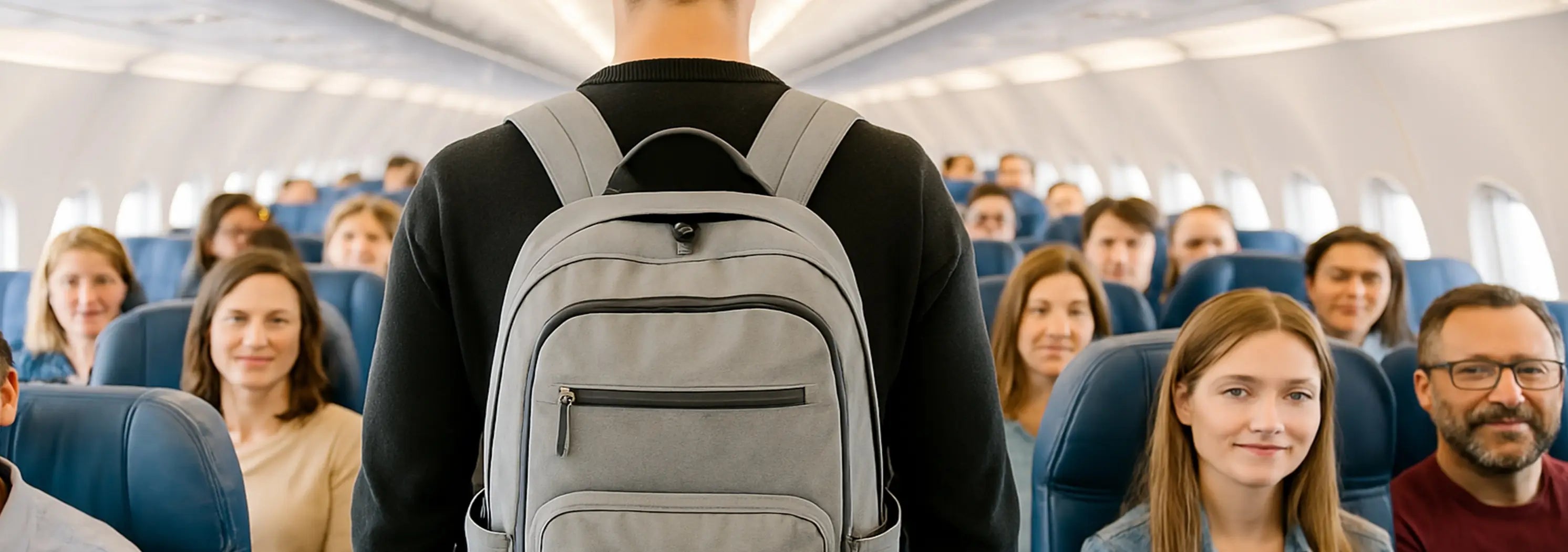 Passager vu de dos portant un sac à dos cabine gris dans l’allée centrale d’un avion, entouré de voyageurs assis et souriants, prêt à rejoindre son siège.