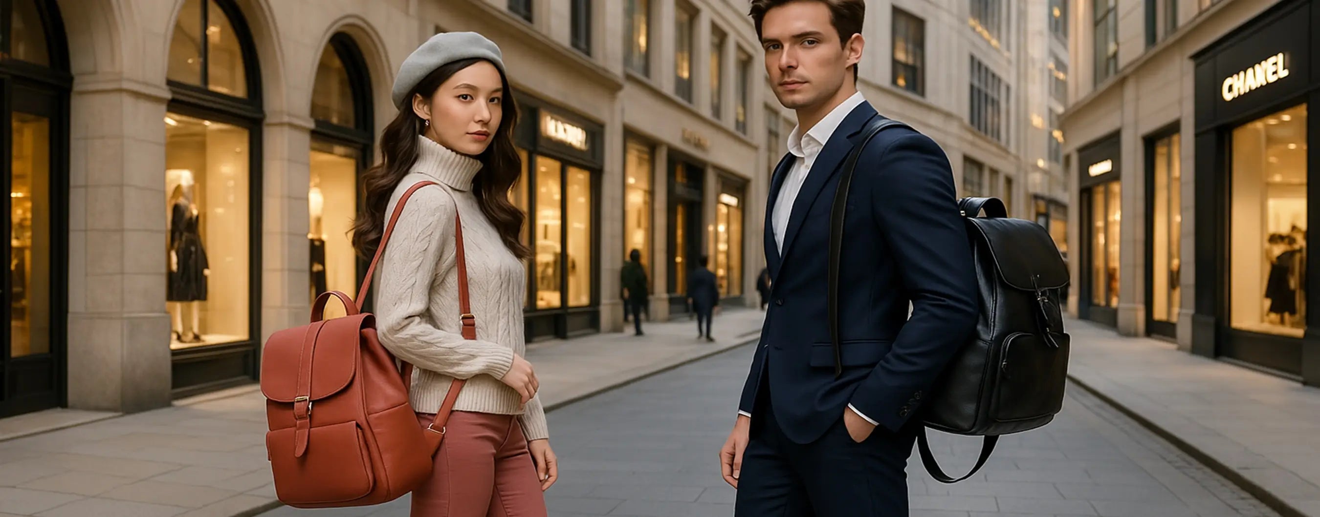Jeune couple chic debout dans une rue commerçante de luxe au crépuscule, chacun portant un sac à dos en cuir élégant, devant des vitrines éclairées