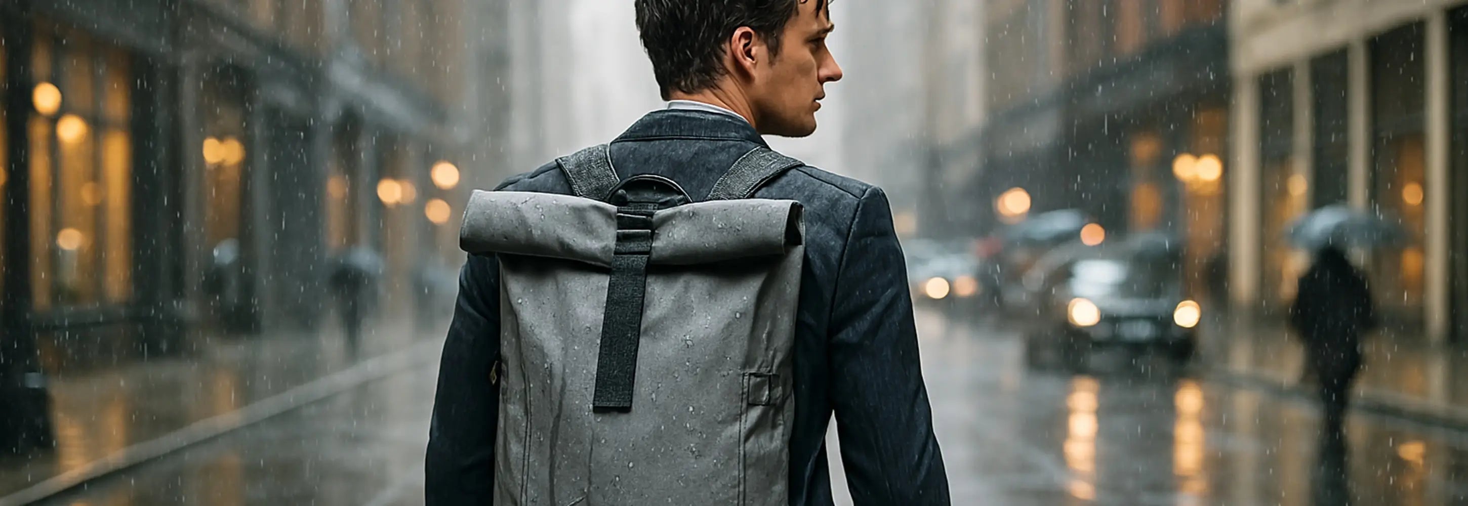 Homme élégant en veste avec un sac à dos étanche gris, marchant sous la pluie en centre-ville, parfait pour un usage urbain et professionnel.