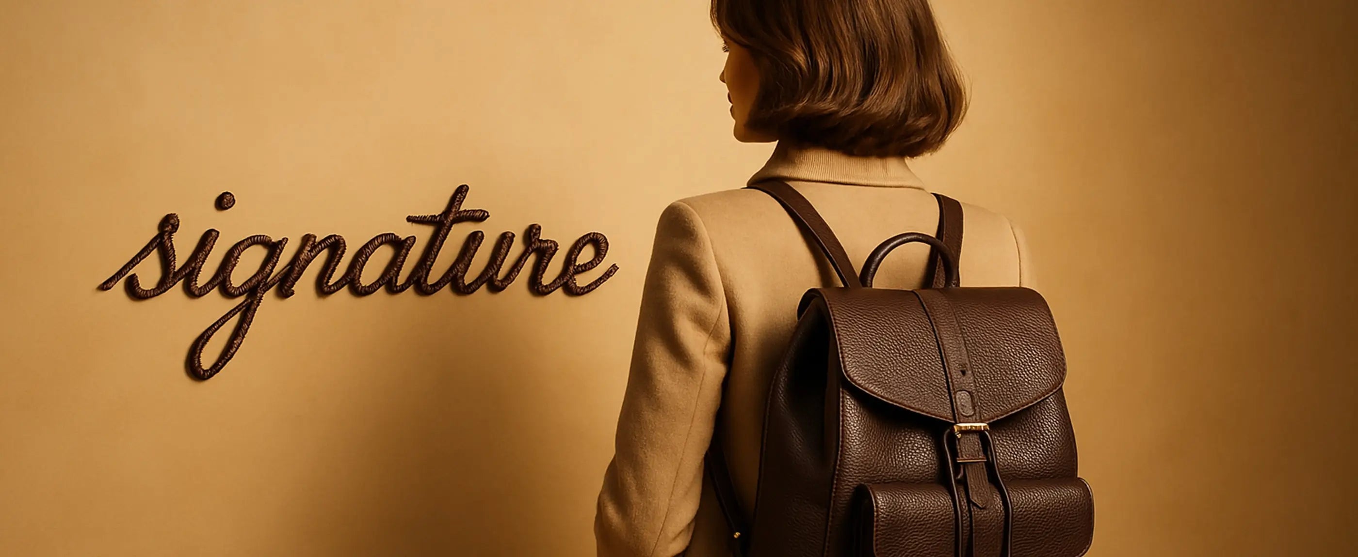 Femme élégante en manteau beige portant un sac à dos femme chic en cuir marron devant un mur avec le mot signature