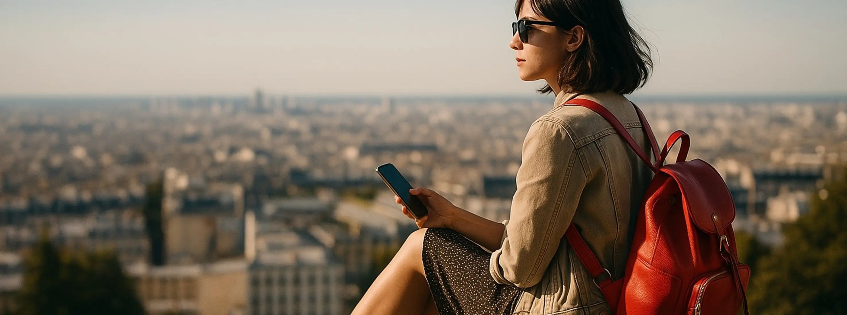 Femme assise avec un sac à dos femme en cuir rouge pour femme, vue panoramique sur une grande ville en arrière-plan.