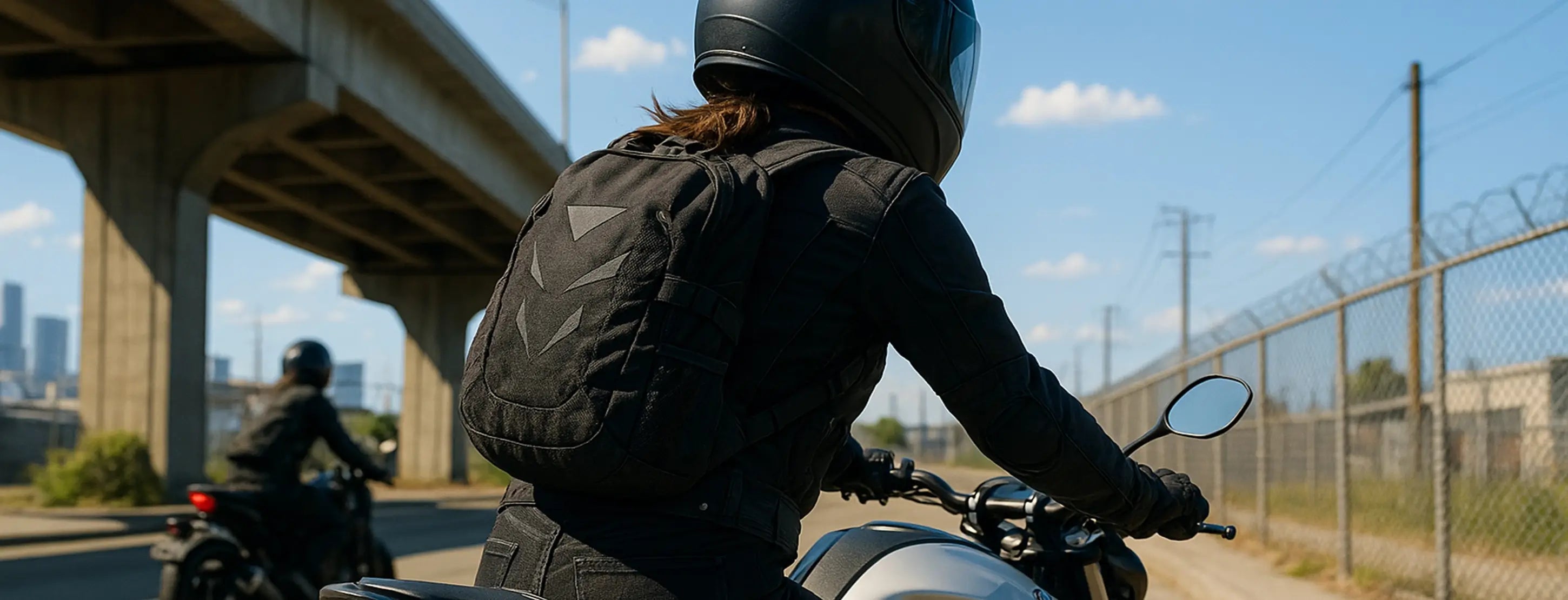 Sac à dos moto porté par une motarde en tenue noire, roulant sous un ciel bleu près d'un pont urbain et d'une clôture grillagée
