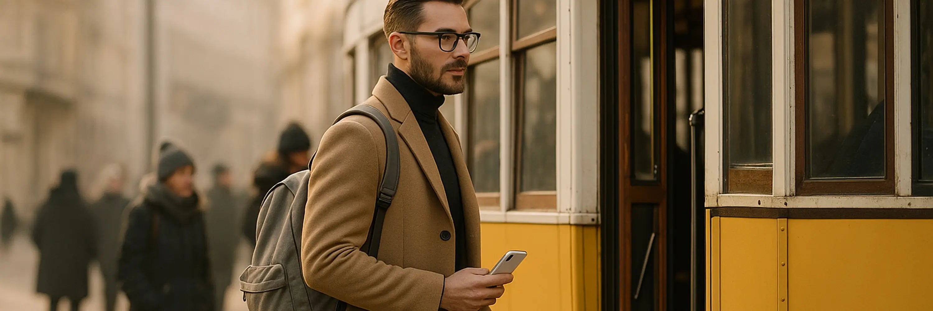sac à dos ville homme porté par un jeune homme élégant en manteau beige montant dans un tramway jaune en milieu urbain, smartphone à la main, ambiance citadine hivernale