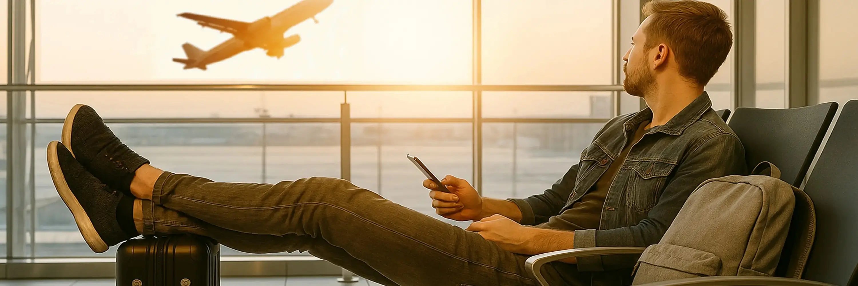 Homme attendant son vol dans un aéroport au coucher du soleil avec un sac à dos voyage avion posé à côté de lui