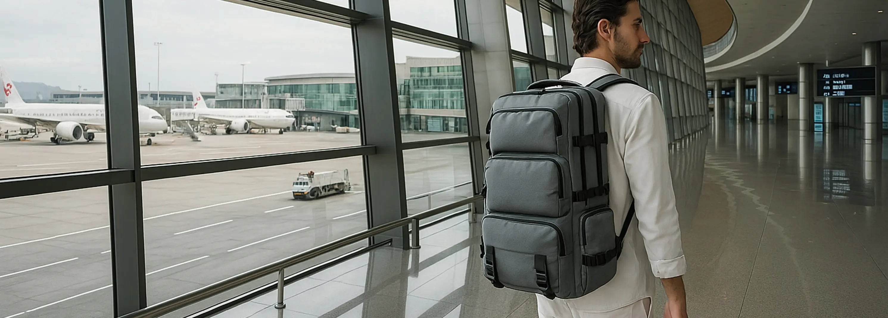 Homme avec un grand sac à dos de voyage dans un aéroport moderne, image idéale pour illustrer une collection sac à dos voyage