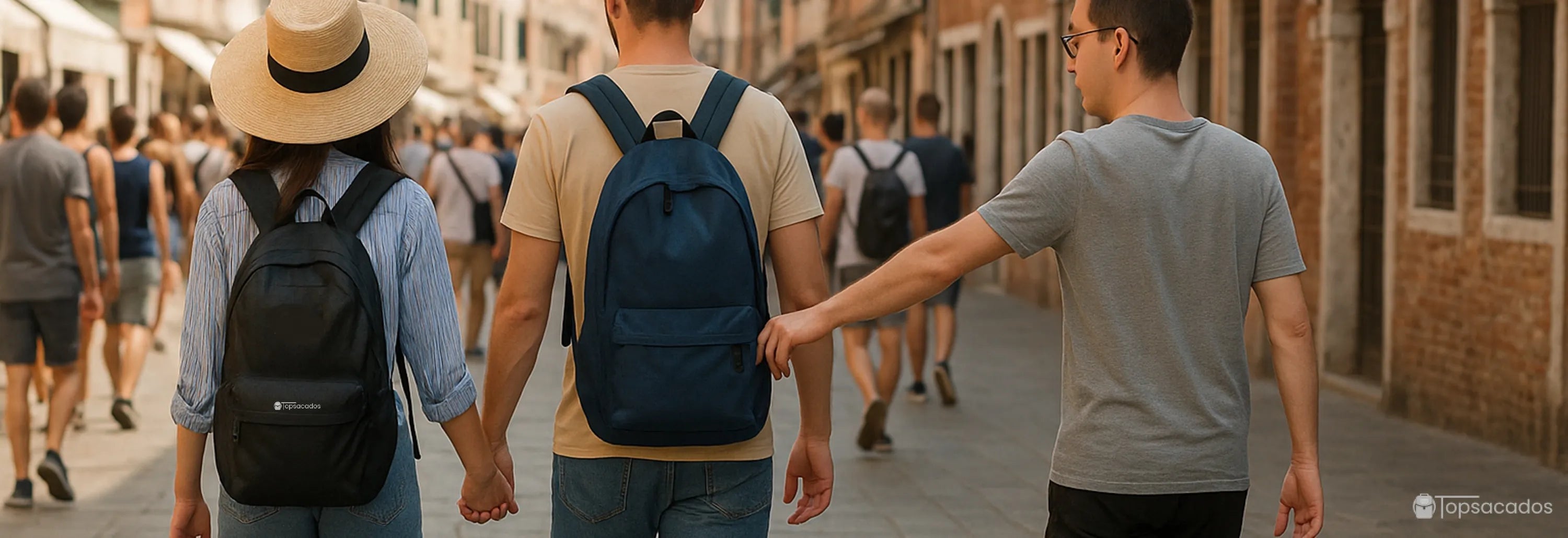 Sac à dos antivol – Tentative de vol dans une rue bondée : un homme tente d’ouvrir discrètement le sac bleu d’un touriste pendant qu’un couple avance main dans la main.