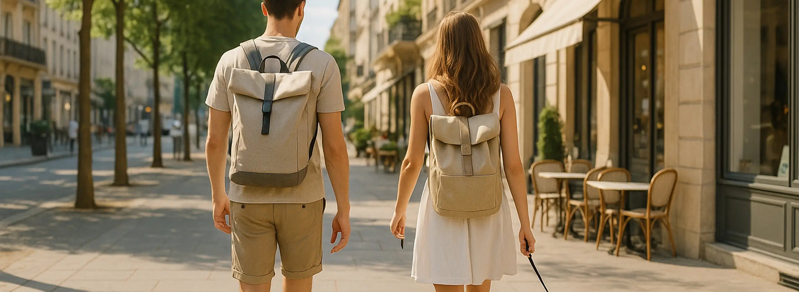Un homme et une femme de dos marchent dans une rue ensoleillée, chacun portant un sac à dos Roll Top beige. Scène urbaine paisible. Collection Sac à dos Roll Top.