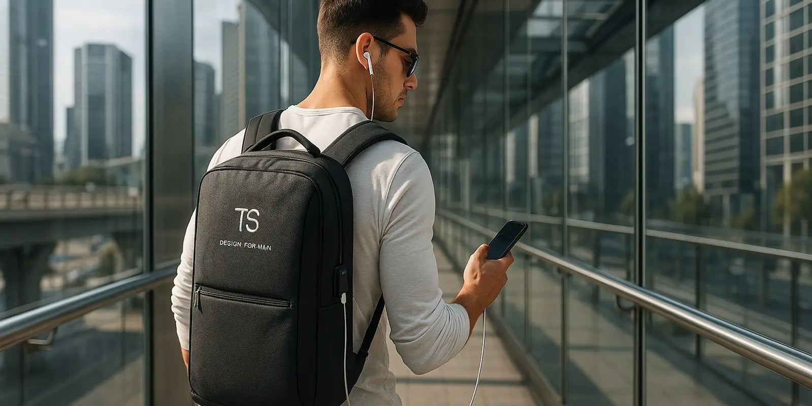 Homme portant un sac à dos cabine noir TS, marchant dans un couloir vitré d'aéroport tout en consultant son téléphone