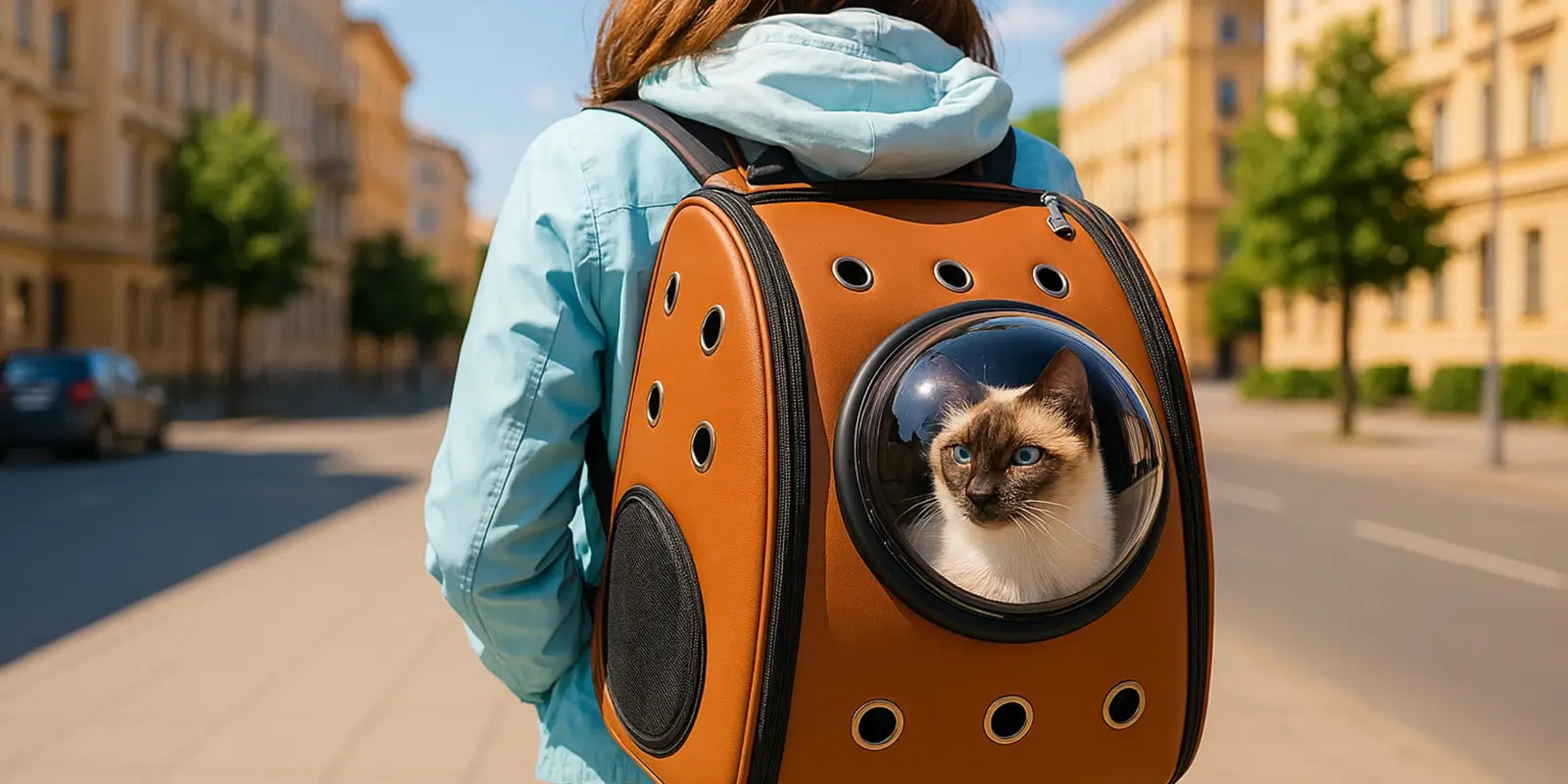 Jeune fille de dos portant un sac à dos chat rigide marron avec un chat siamois aux yeux bleus à l'intérieur, en pleine promenade urbaine par temps ensoleillé