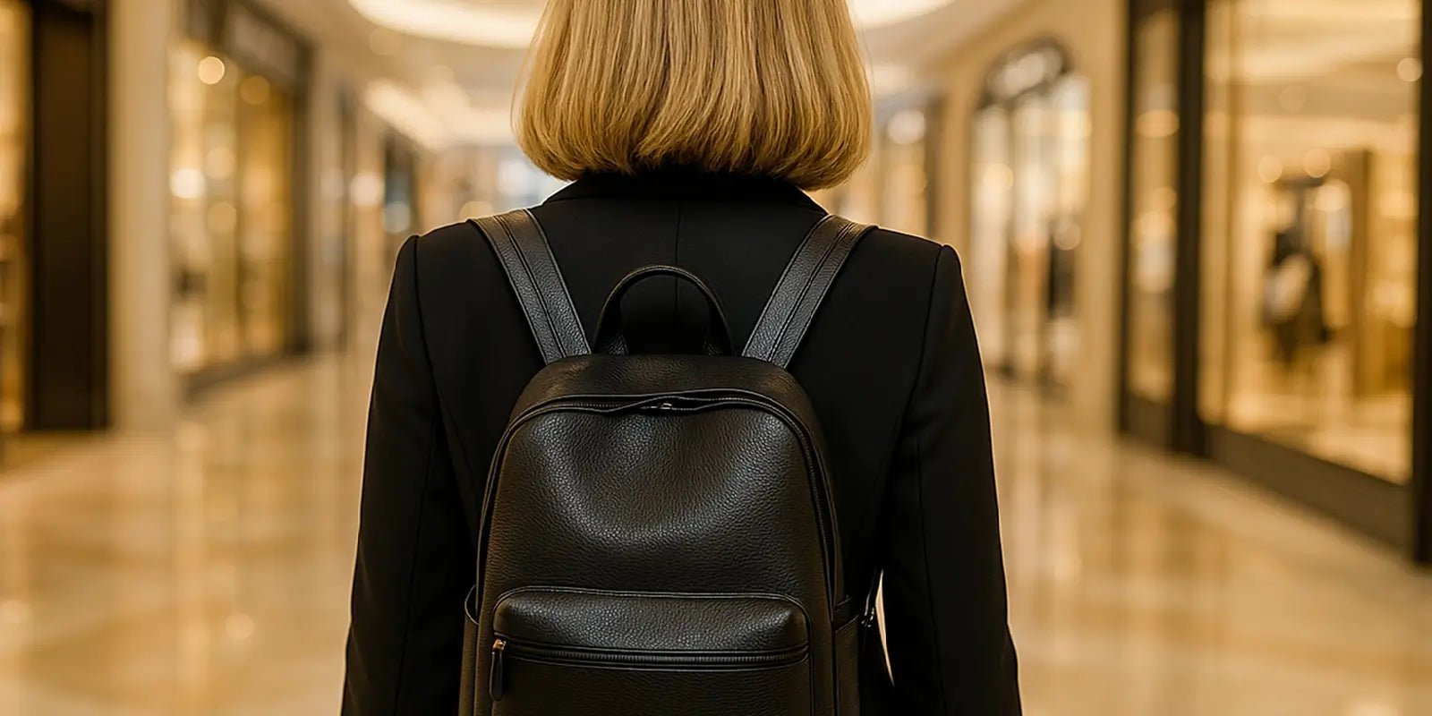 Femme élégante de dos portant un sac à dos cuir femme noir dans une galerie marchande haut de gamme