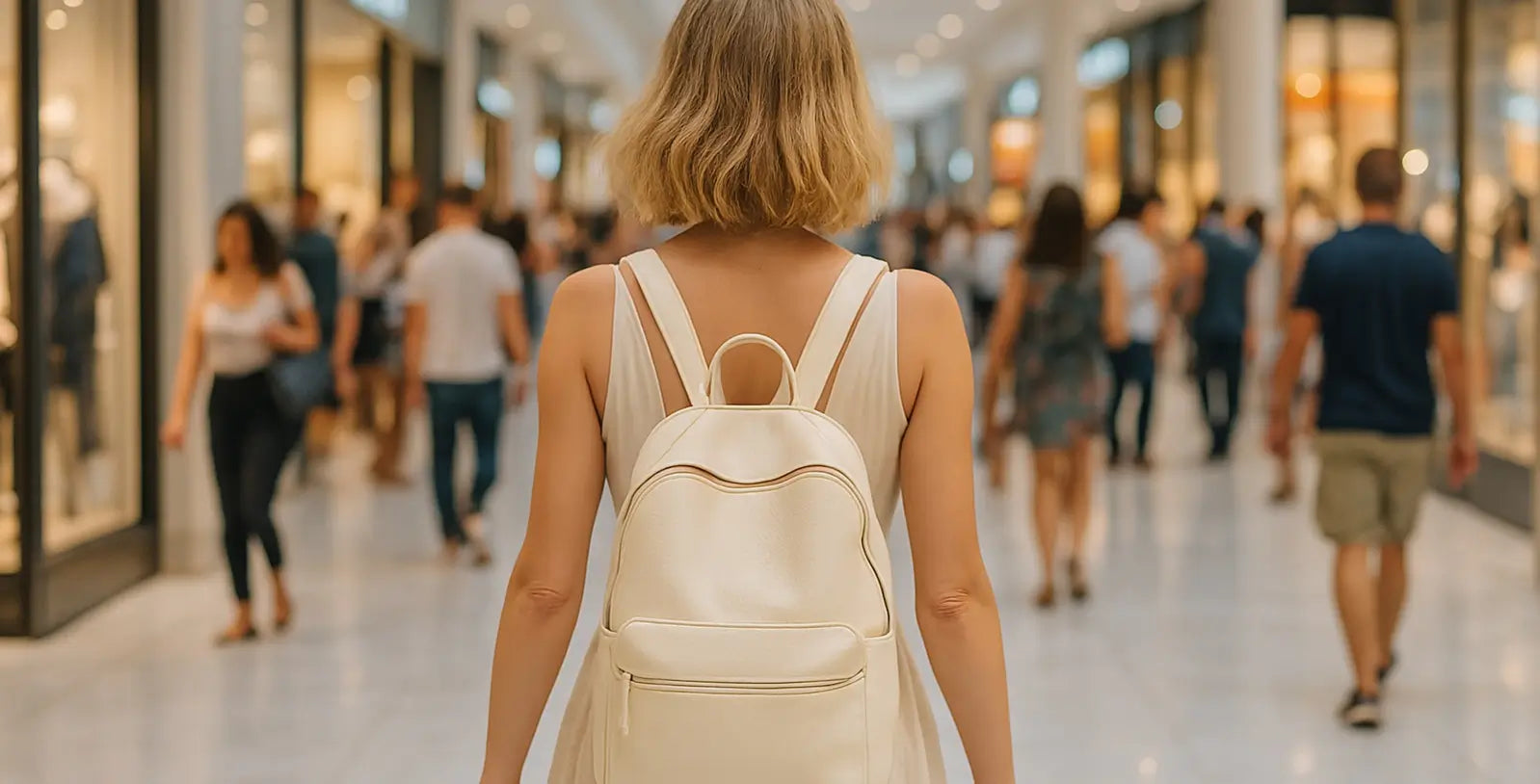 Femme élégante portant un sac à dos femme chic couleur crème dans une galerie marchande animée