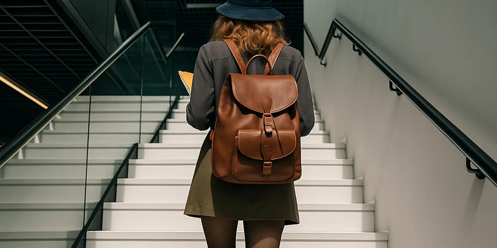 Femme de dos montant un escalier avec un sac à dos femme marron élégant, tenue urbaine et carnet à la main