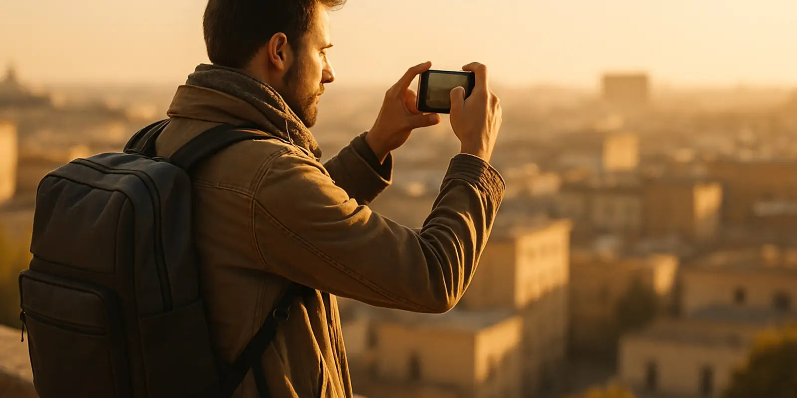 Sac à dos homme noir porté par un voyageur photographiant une ville au coucher du soleil