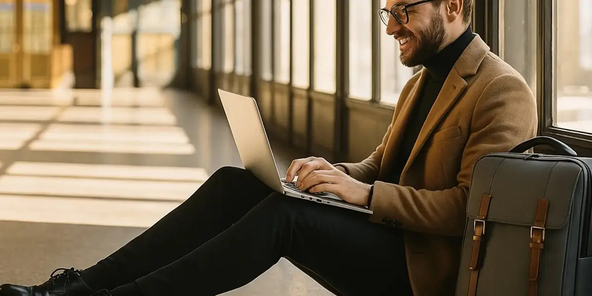 sac à dos pour ordinateur portable gris avec lanières en cuir, posé au sol à côté d’un homme en manteau beige tapant sur un laptop dans un couloir ensoleillé d’un espace public